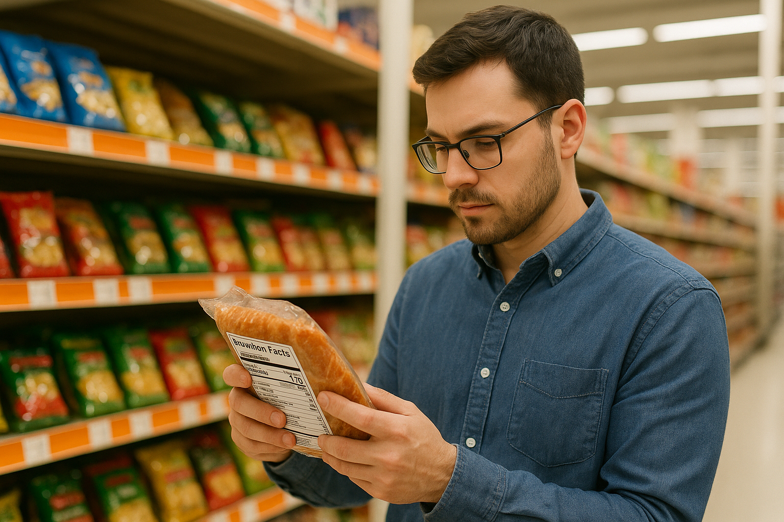 Person reading food nutrition labels in grocery store